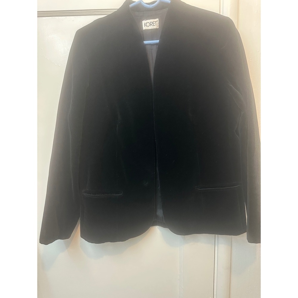 Vintage Koret Black Velvet Blazer Open Front Collarless Union Made‎ Jacket L